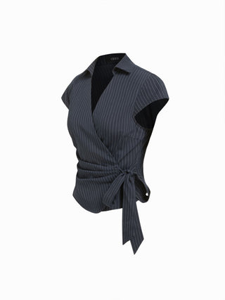 Cotton-blend Polo Neck Stripe Knotted Blouse