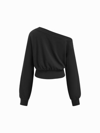 Cotton-blend Asymmetrical Neck Ruched Cinched Waist Sweatshirt