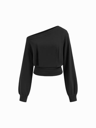 Cotton-blend Asymmetrical Neck Ruched Cinched Waist Sweatshirt