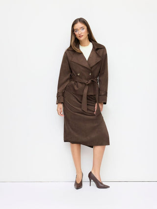 Suede Collar Double Breasted Trench Coat With Belt