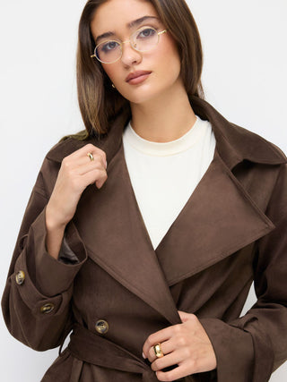 Suede Collar Double Breasted Trench Coat With Belt