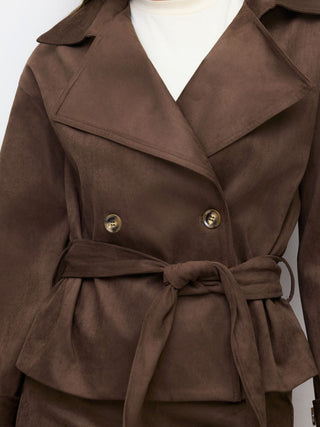 Suede Collar Double Breasted Trench Coat With Belt