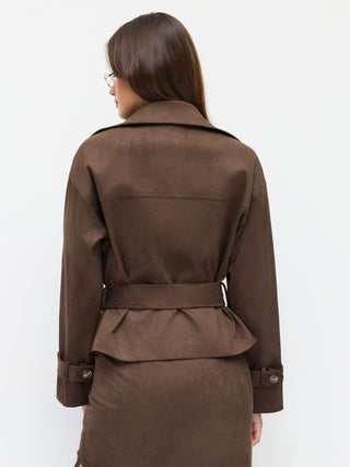 Suede Collar Double Breasted Trench Coat With Belt