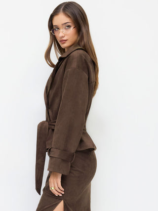Suede Collar Double Breasted Trench Coat With Belt