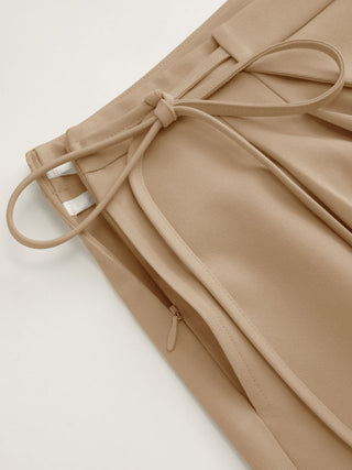 Mid Rise Tie Side Knotted Pleated Wide Leg Trousers