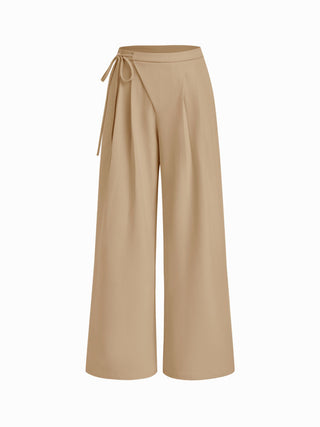 Mid Rise Tie Side Knotted Pleated Wide Leg Trousers