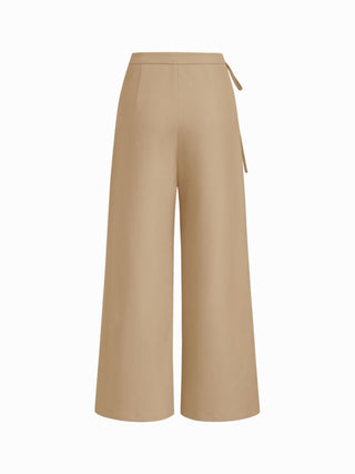 Mid Rise Tie Side Knotted Pleated Wide Leg Trousers