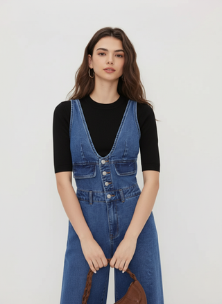 Denim V-neck Button Pocket Wide Leg Jumpsuit
