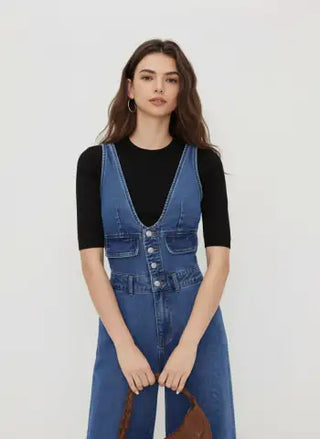 Denim V-neck Button Pocket Wide Leg Jumpsuit