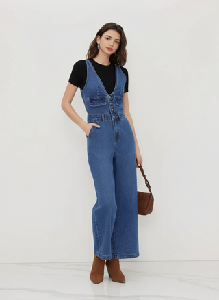 Denim V-neck Button Pocket Wide Leg Jumpsuit