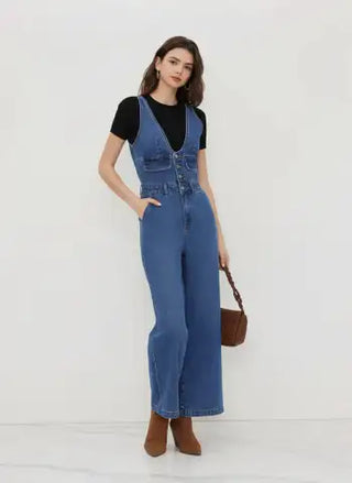 Denim V-neck Button Pocket Wide Leg Jumpsuit