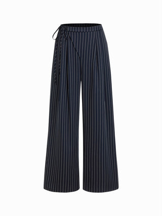 Mid Rise Tie Side Knotted Pleated Wide Leg Trousers