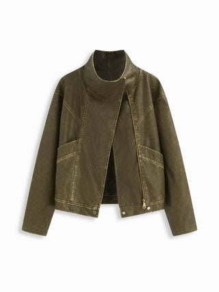 Faux Leather Collar Zip Through Oversized Jacket