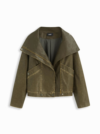 Faux Leather Collar Zip Through Oversized Jacket