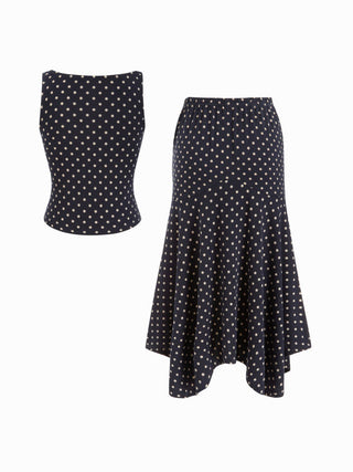 Boat Neck Polka Dot Top & Ruffle Hem Mid Rise Skirt Set