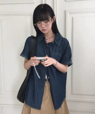 Overfit denim short-sleeved roll-up shirt