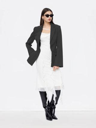Notched Collar Bell Sleeve Button Blazer