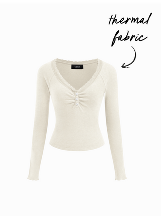 Thermal Cotton-blend V-neck Long Sleeve Lace Trim Ruched Tee