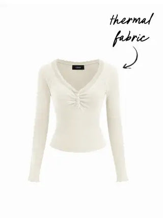 Thermal Cotton-blend V-neck Long Sleeve Lace Trim Ruched Tee