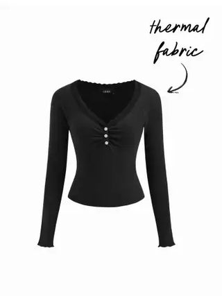 Thermal Cotton-blend V-neck Long Sleeve Lace Trim Ruched Tee