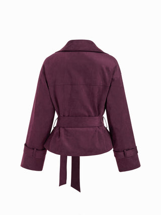 Suede Collar Double Breasted Trench Coat With Belt