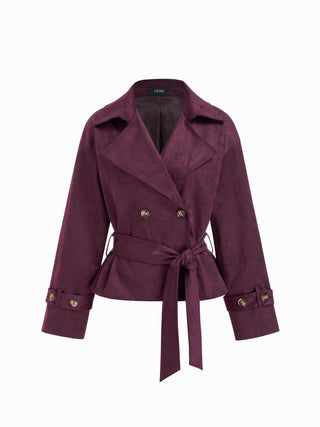 Suede Collar Double Breasted Trench Coat With Belt