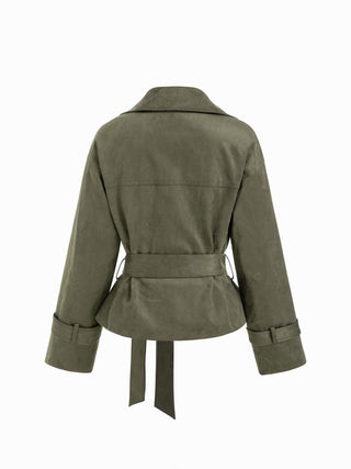 Suede Collar Double Breasted Trench Coat With Belt
