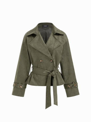 Suede Collar Double Breasted Trench Coat With Belt