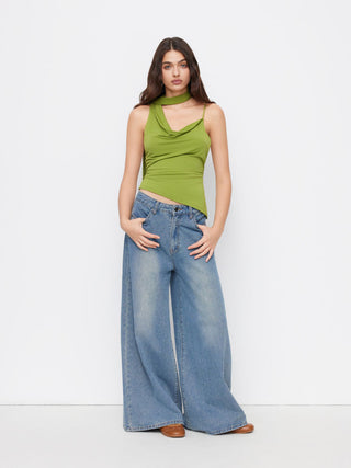 Halter Neckline Ruched Cami Top With Scarf