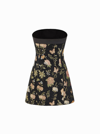 Jacquard Floral Bandeau A-line Mini Dress With Bowknot Scarf