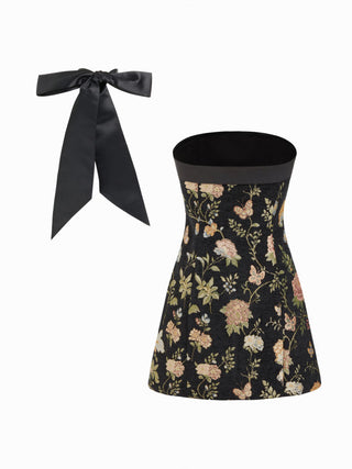 Jacquard Floral Bandeau A-line Mini Dress With Bowknot Scarf