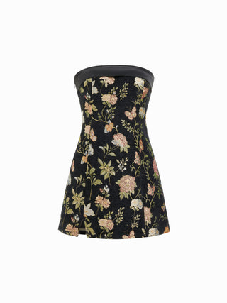 Jacquard Floral Bandeau A-line Mini Dress With Bowknot Scarf