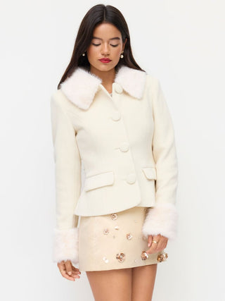 Wool-look Collar Faux Fur Trim Long Sleeve Button Jacket