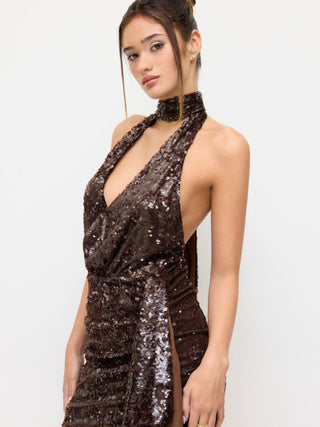 Sequin Deep V-neck Halter Mini Dress