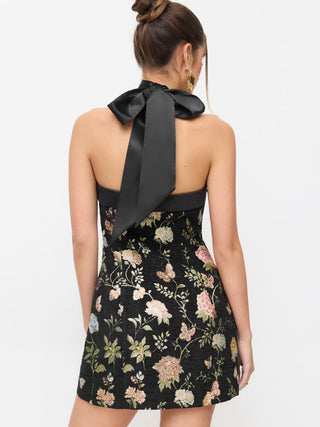 Jacquard Floral Bandeau A-line Mini Dress With Bowknot Scarf
