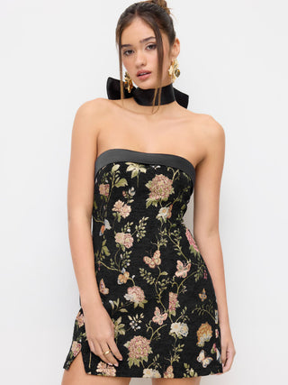 Jacquard Floral Bandeau A-line Mini Dress With Bowknot Scarf