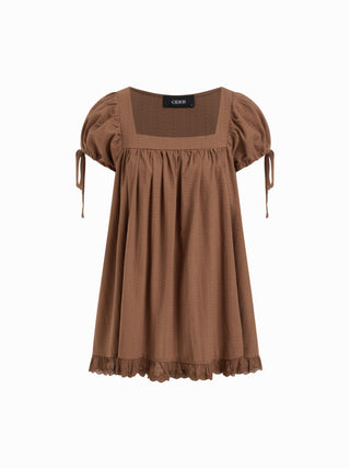 Square Neck Solid Ruffle Knotted Short Sleeve Blouse