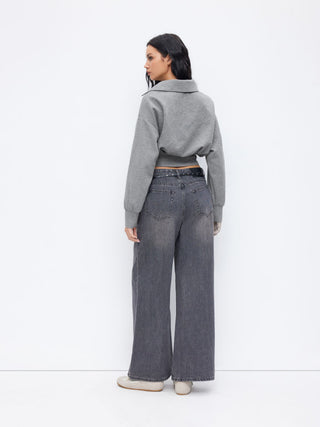 Asymmetrical Neck Long Sleeve Cinched Waist Sweatshirt