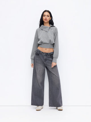 Asymmetrical Neck Long Sleeve Cinched Waist Sweatshirt