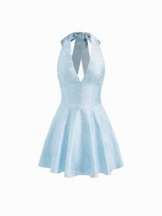Jacquard Sculptural Halter V-neck Lace Up Backless Ruffle Mini Dress