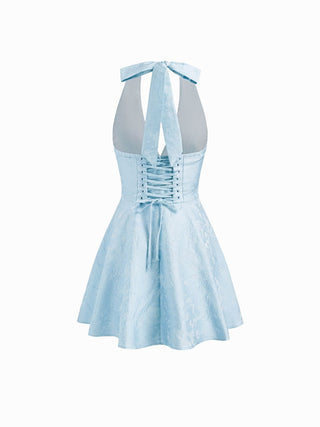 Jacquard Sculptural Halter V-neck Lace Up Backless Ruffle Mini Dress