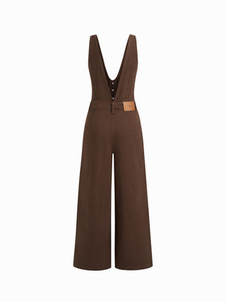 Denim V-neck Button Pocket Wide Leg Jumpsuit