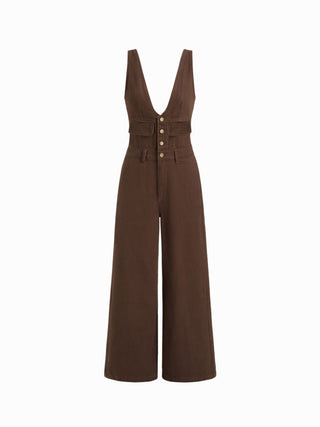 Denim V-neck Button Pocket Wide Leg Jumpsuit