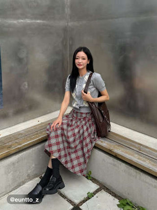 Mid Rise Tartan Lettuce Trim Knotted Midi Skirt