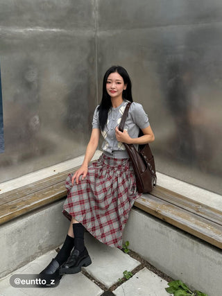 Mid Rise Tartan Lettuce Trim Knotted Midi Skirt