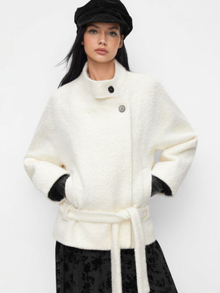 Wool-look Stand Collar Long Sleeve Jacket With Belt
