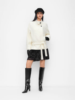 Wool-look Stand Collar Long Sleeve Jacket With Belt