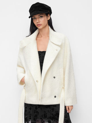 Wool-look Stand Collar Long Sleeve Jacket With Belt