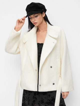 Wool-look Stand Collar Long Sleeve Jacket With Belt