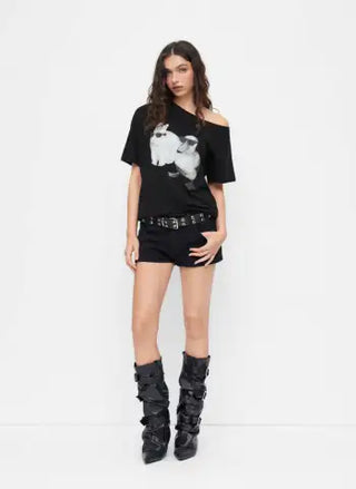 Asymmetrical Neck Rabbit & Duck Graphic Tee